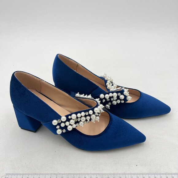 XYD Blue Pointed Toe Chunky Pumps Slip On Mary Jane Single Strap with Pearl Stud - Picture 4 of 8
